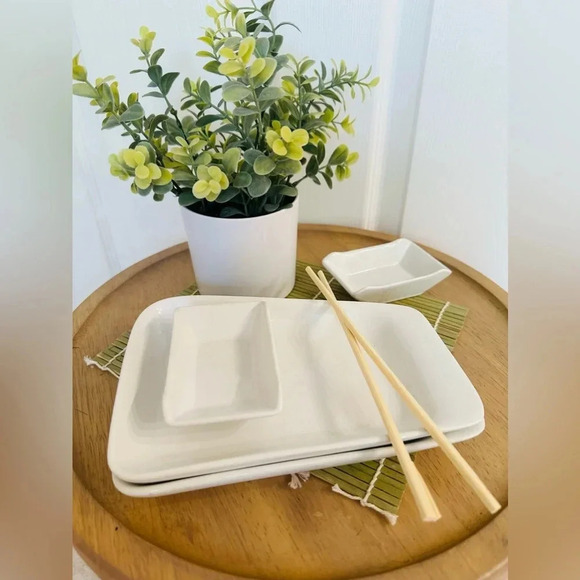 SUSHI SERVING SET ~ 2-piece classic clean white sushi platters and wasabi dish - Picture 5 of 7